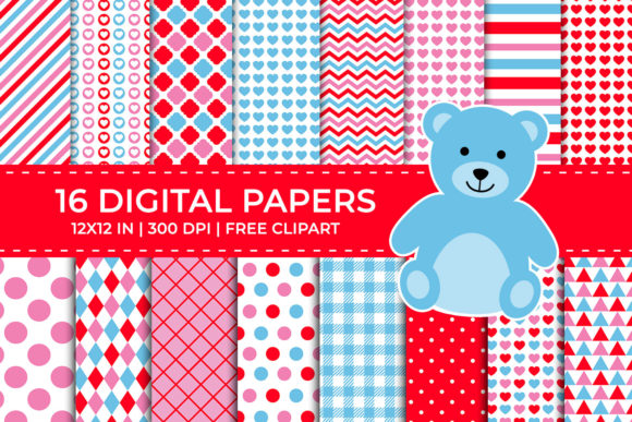 Red Pink Blue Valentine Digital Papers