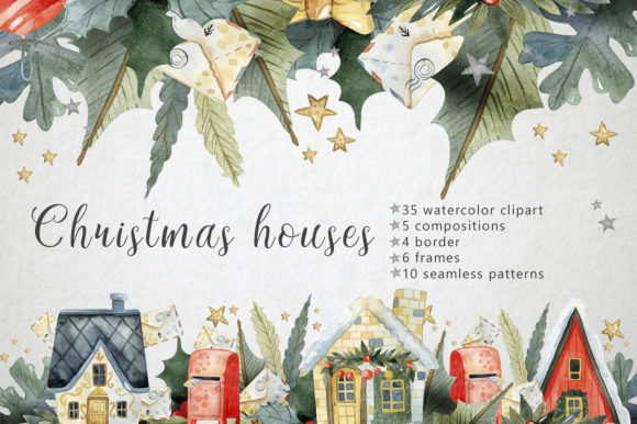 Watercolor Christmas Houses